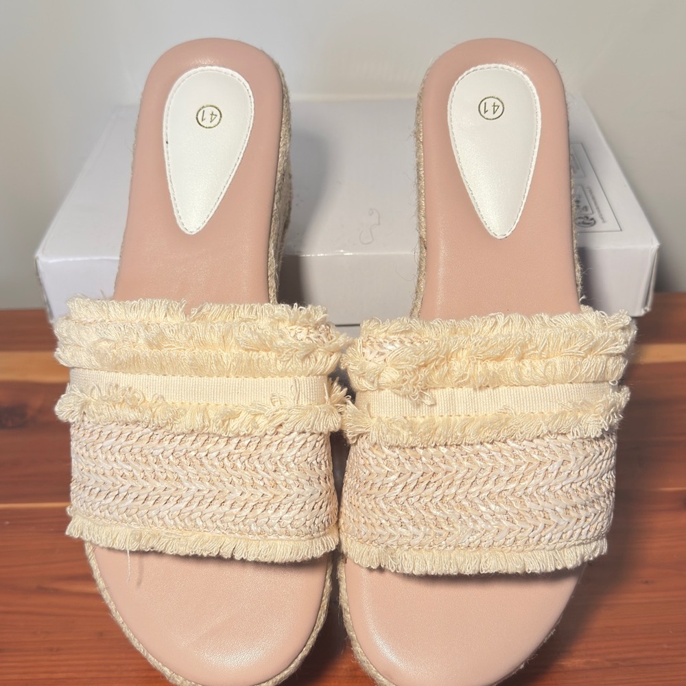 SHEIN Cream Fringed Espadrille Slides